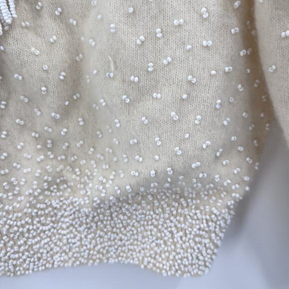 Vintage Gene Shelly's Cream Beaded Fringe Cardigan Sweater Womens Medium - Picture 4 of 16